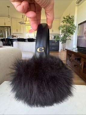 Coach Black Shearling Pom Pom Earmuffs with Gold 'C' Logo